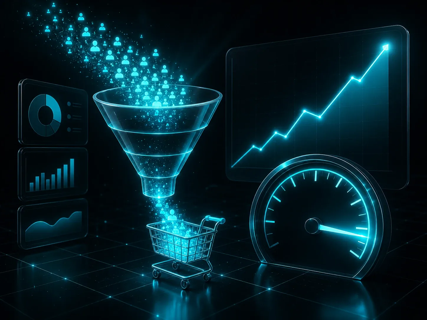 Optimización de conversión y velocidad de tiendas online: embudo de usuarios, velocímetro y métricas subiendo